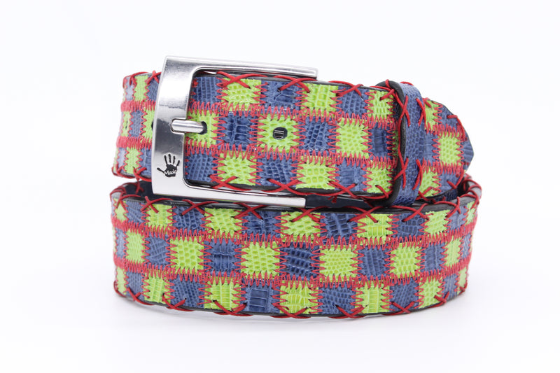 32" Blue/Lime Checkered Lizard Belt with red X pick stitching