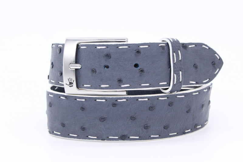 35" Blue Jean Ostrich Belt with white pick stitching