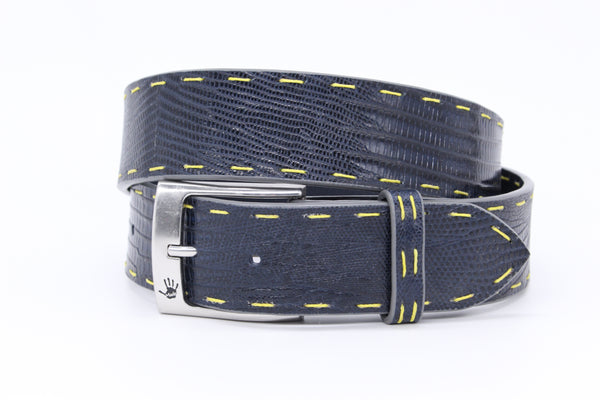 36" Navy Lizard Belt with yellow pick stitching