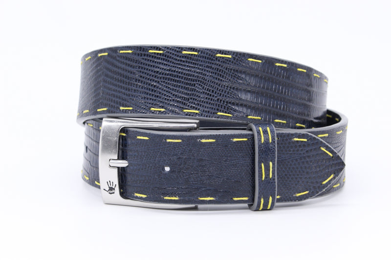 36" Navy Lizard Belt with yellow pick stitching
