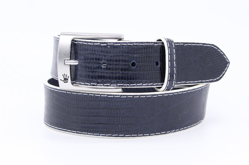 36" Navy Lizard Belt with white stitching and edges