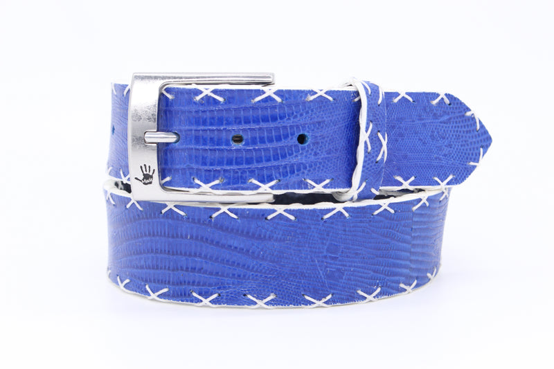 33" Royal Lizard Belt with white x pick stitching