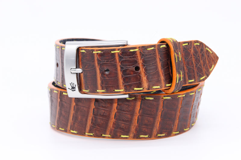 34" Cognac Colombian Crocodile Belt with Pick Stitching