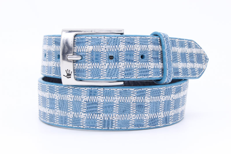 34" Sky Checkered Lizard Belt with white stitching