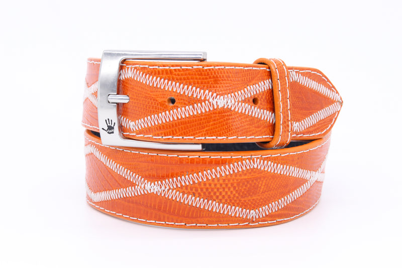 34" Orange Diamonds Lizard Belt with white stitching