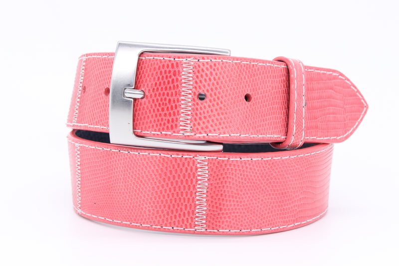 34" Pink Stripe Lizard Belt with white stitching