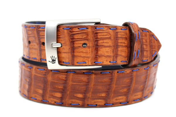 36" Cognac Caiman Crocodile Belt - Cobalt Pick Stitching