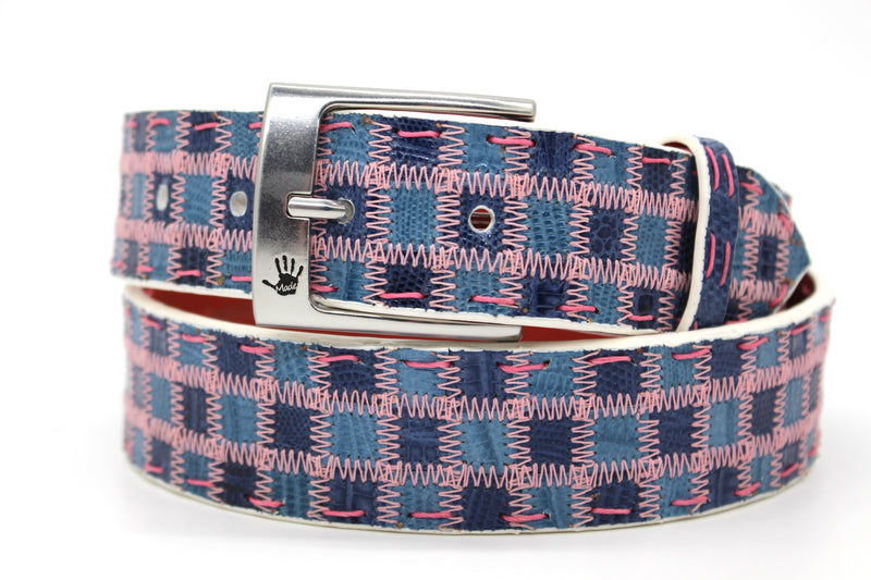 38" Blues Checkered Lizard Belt with pink pick stitching