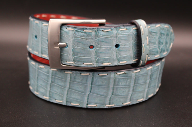 36" Colombian Crocodile Belt -Sky with Pick Stitching
