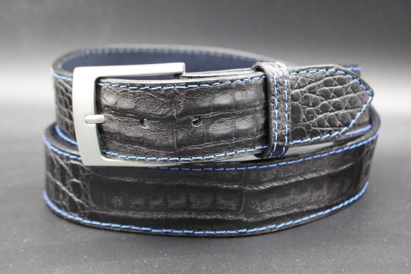 41" Colombian Crocodile Belt - Black with Blue Stitching