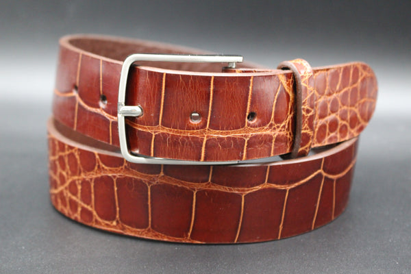 38" Glossy Cognac Alligator Belt - No Stitching