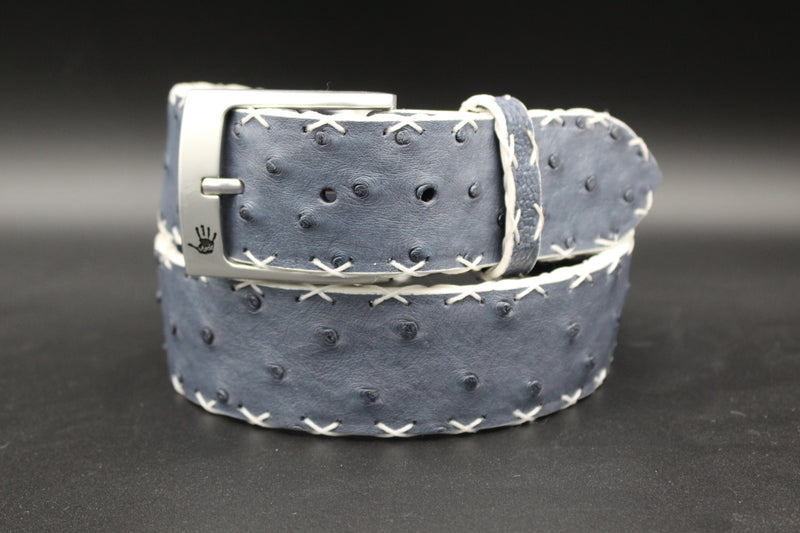 31" Blue Jean Ostrich Belt with white x pick stitching