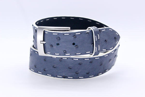35" Blue Jean Ostrich Belt With Pick Stitching