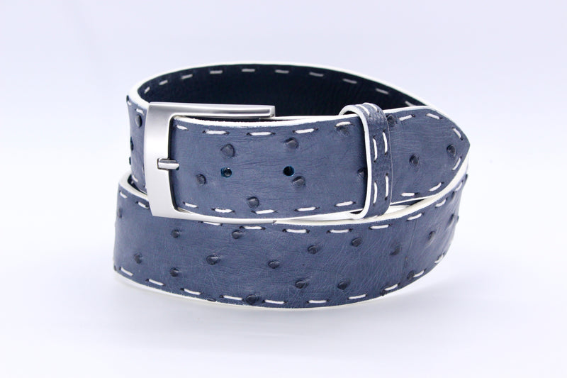 35" Blue Jean Ostrich Belt With Pick Stitching