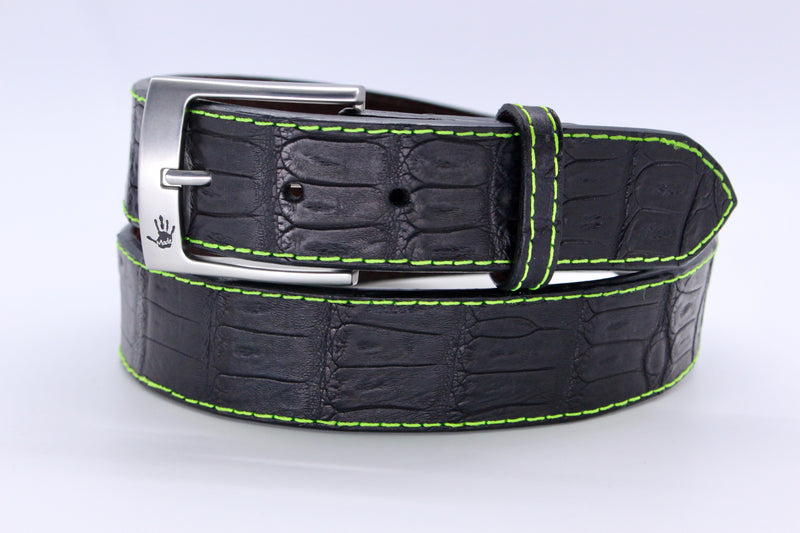 38" Black Caiman Belt With Lime Stitching