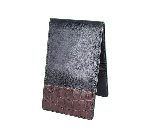 Black leather yardage book with brown alligator tips
